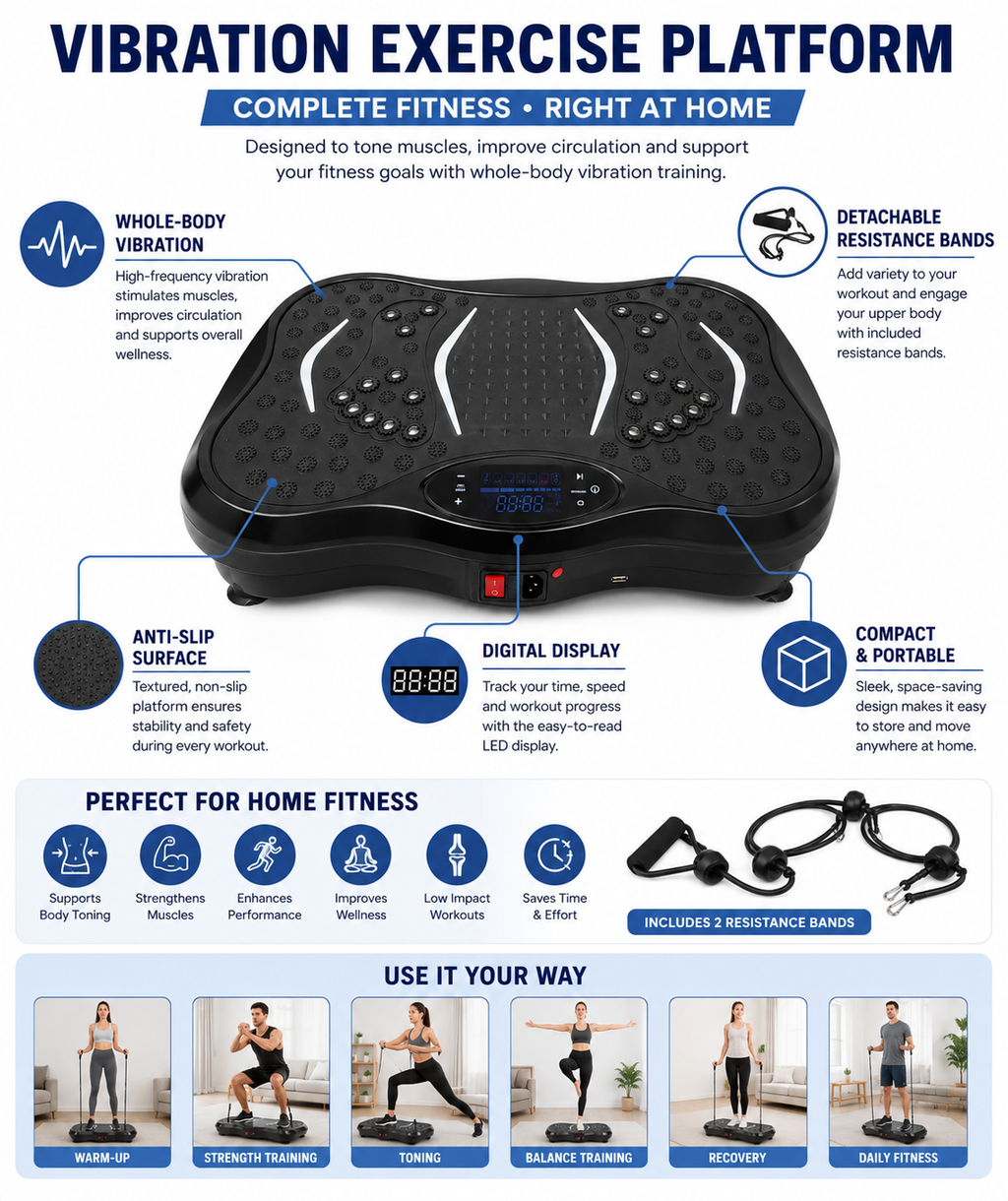 Whole Body Vibration Fitness Platform with Resistance Bands – Home Body Toning | Muscle Activation & Exercise Machine