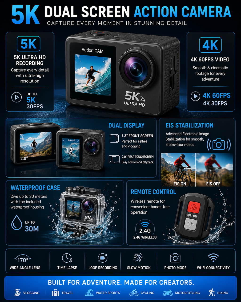 Professional 5K Ultra HD Dual Screen Water Resistant Action Camera with Dual Display, EIS Stabilization & Remote Control