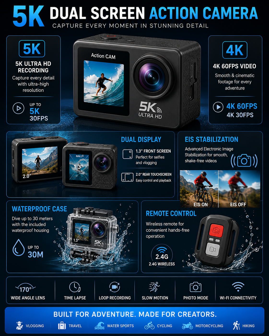 Professional 5K Ultra HD Dual Screen Water Resistant Action Camera with Dual Display, EIS Stabilization & Remote Control