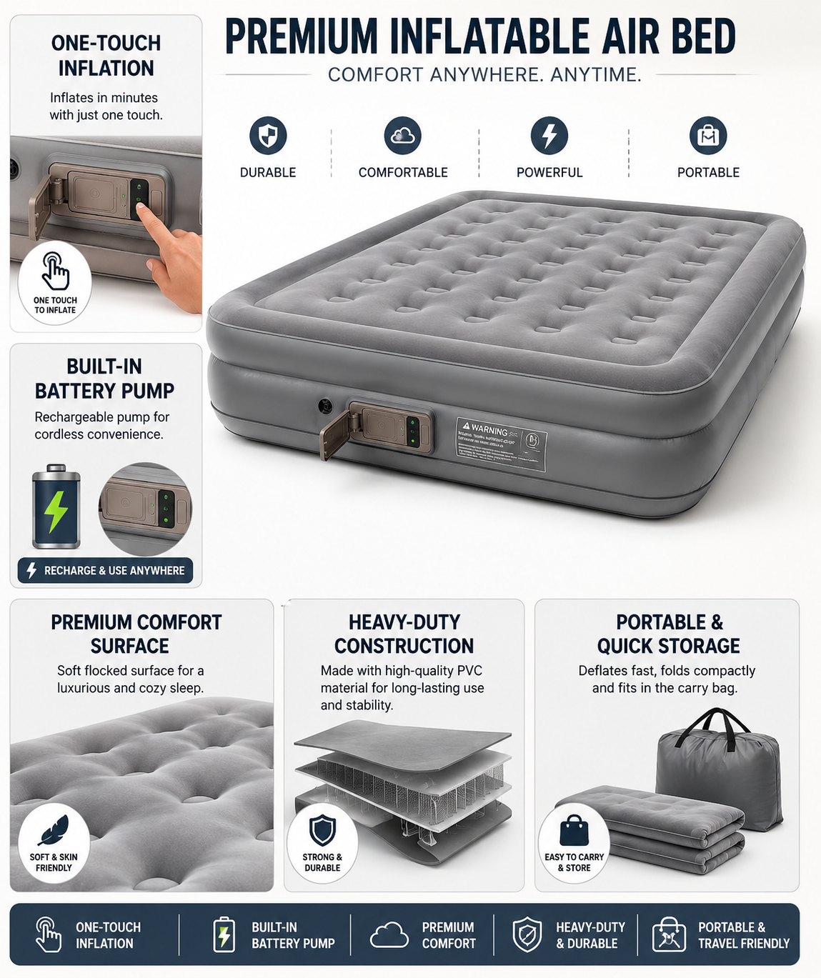 Premium Heavy-Duty Inflatable Air Bed with Built-In Rechargeable Pump | One-Touch Inflation