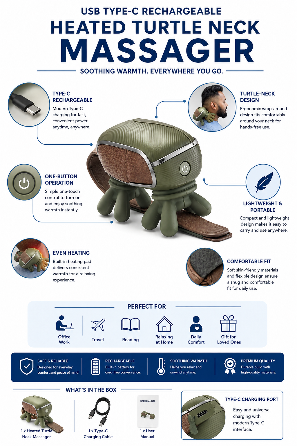 USB Type-C Turtle Neck Massager – Portable | Neck Heating Pad
