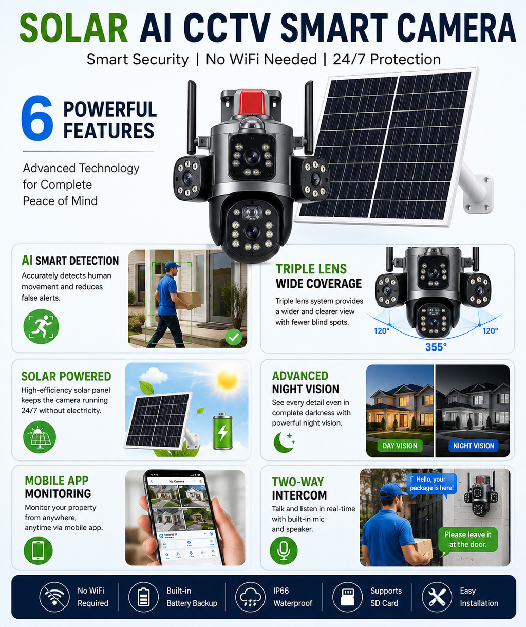 HL Two-Way Intercom Solar AI CCTV Smart Camera | Triple Lens Wireless Security Camera with Night Vision & Remote Monitoring