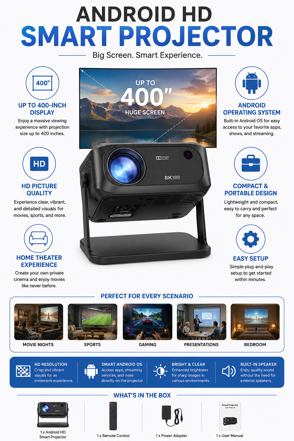 HD Android  Smart Projector – Up to 400” Home Theater Projector