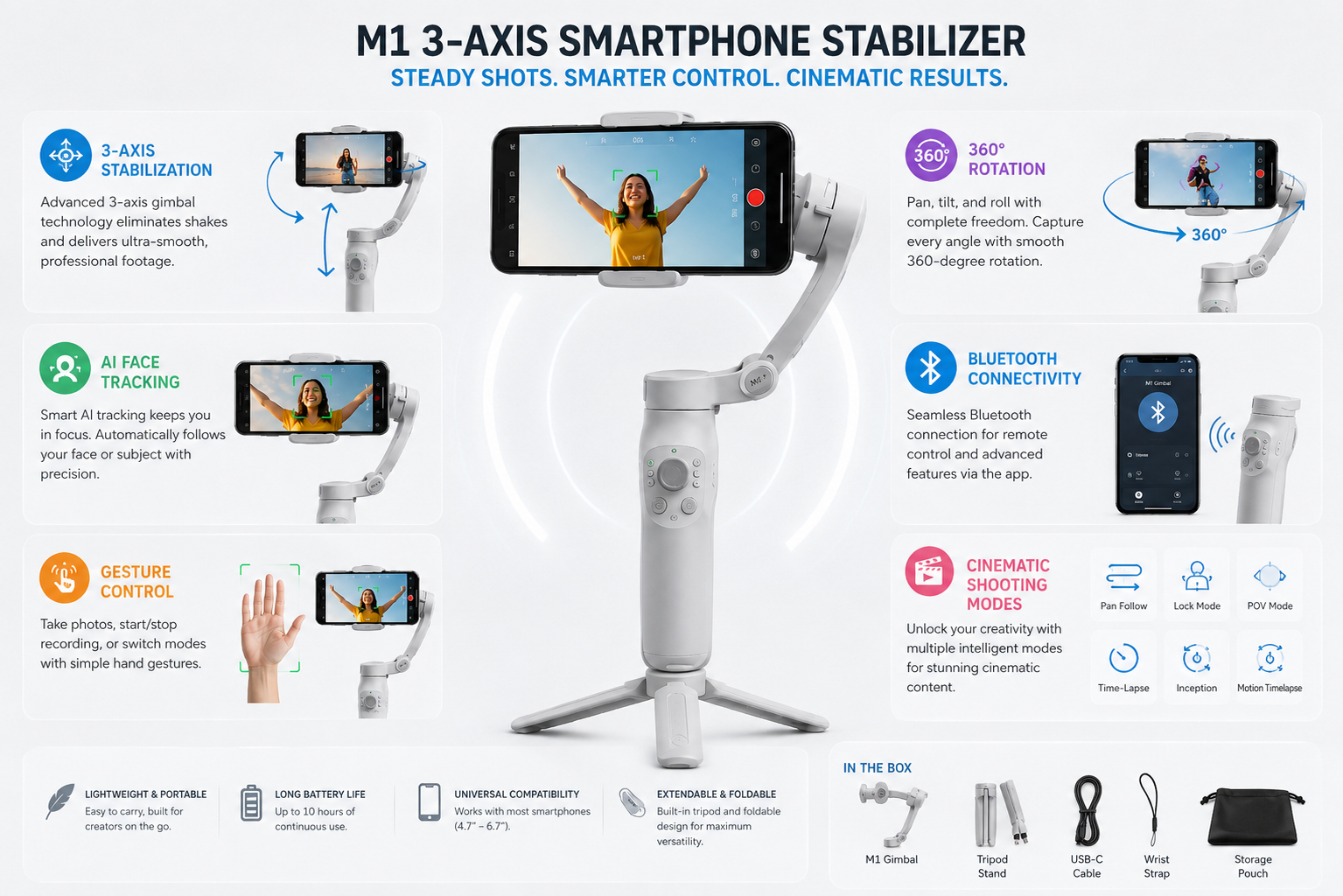 M1 AI 3-Axis Gimbal Stabiliser | Gesture Control, Smart Face Tracking & Anti-Shake