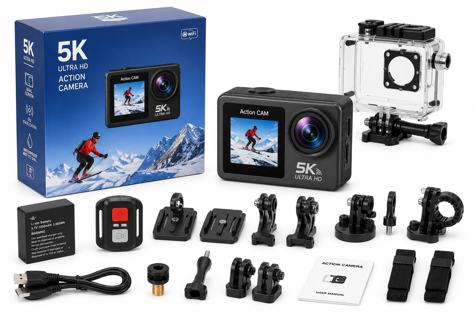 Professional 5K Ultra HD Dual Screen Water Resistant Action Camera with Dual Display, EIS Stabilization & Remote Control