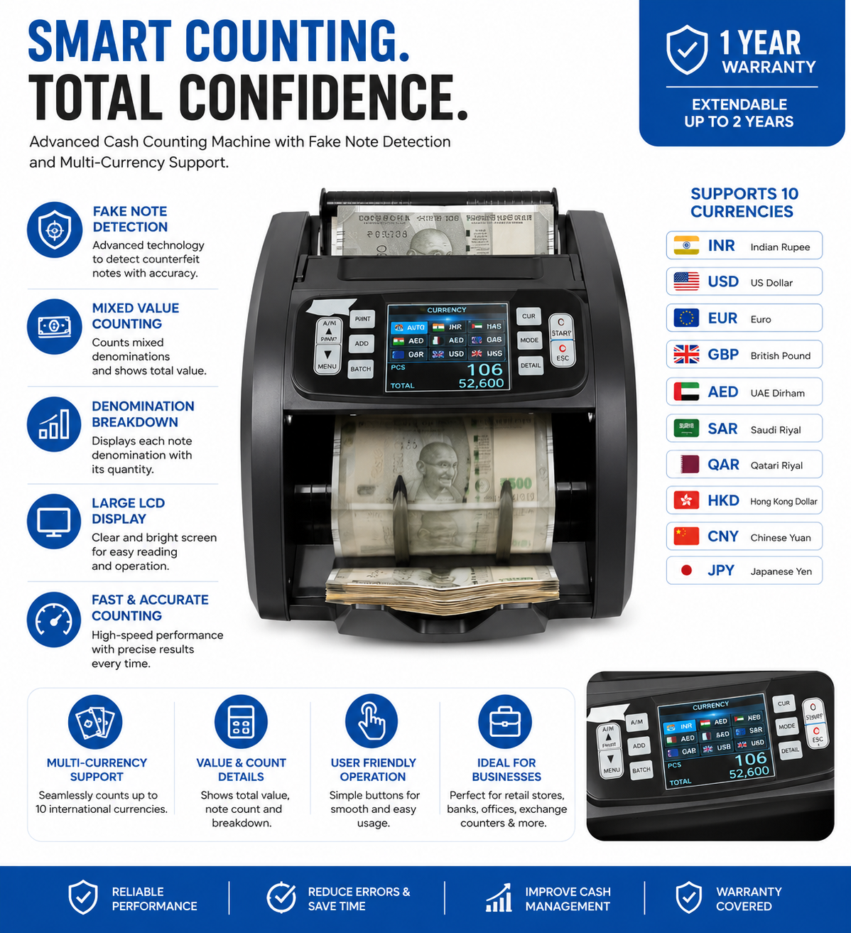 Multi-Currency Cash Counting Machine with Fake Note Detection & Mixed Value Counting