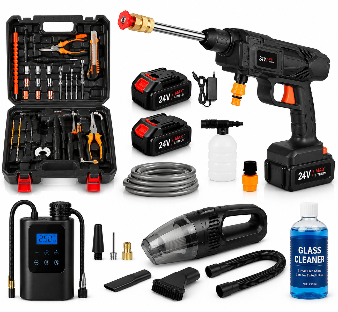 Ultimate 5-in-1 Portable High-Pressure Car Washer Kit  – Cordless Double Battery Washing Gun, Air Pump, Tool Kit, Glass & Vacuum Cleaner
