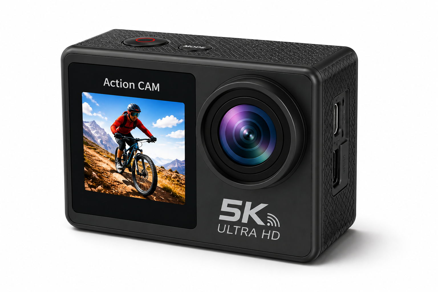 Professional 5K Ultra HD Dual Screen Water Resistant Action Camera with Dual Display, EIS Stabilization & Remote Control