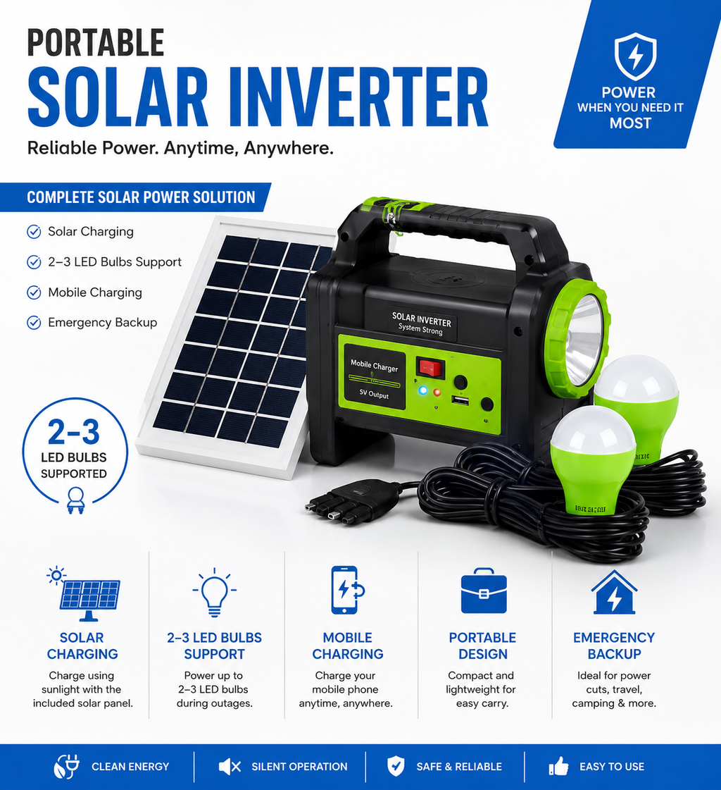 Portable Solar Emergency Inverter Kit with Solar Panel for Home & Outdoor | Mobile Charging & LED Light Backup