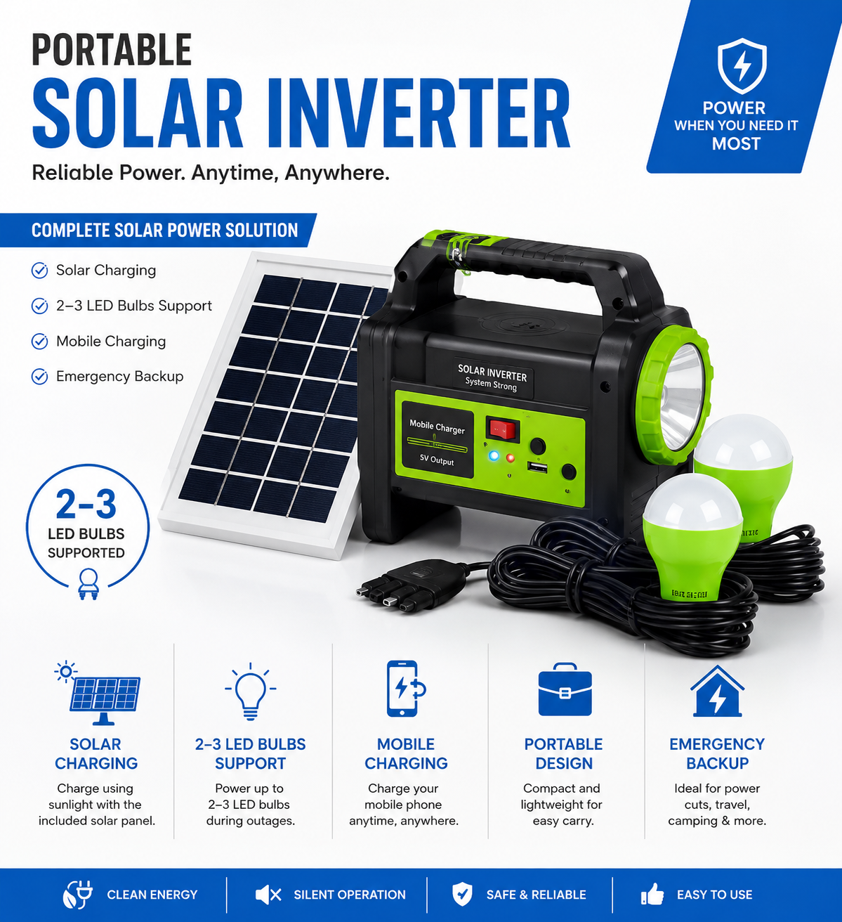 Portable Solar Emergency Inverter Kit with Solar Panel for Home & Outdoor | Mobile Charging & LED Light Backup
